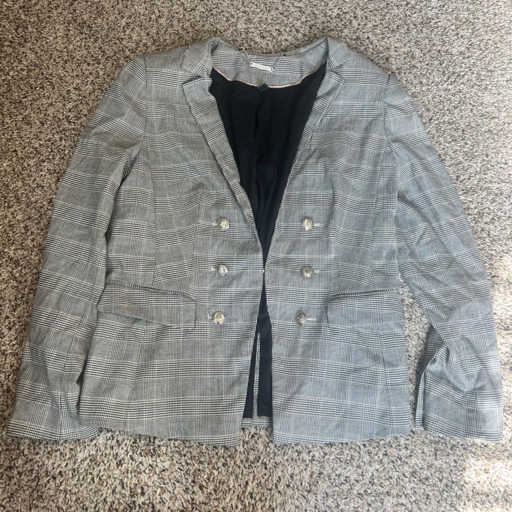 WHITE BLACK Houndstooth Plaid‎ Double Breasted Blazer Jacke Size 12